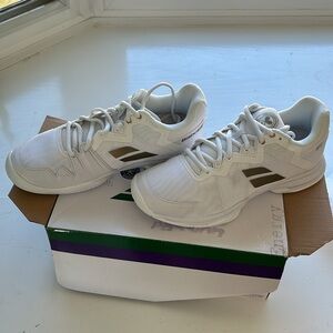 Wimbledon Babolat tennis shoes. White with gold. Size 8. Brand new